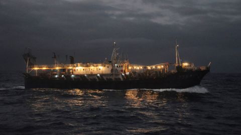 A ship fishing for squid on the high seas near the Galapagos Islands.