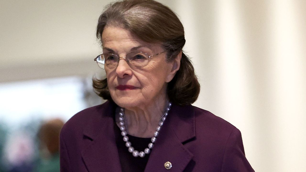 Democratic Sen. Dianne Feinstein of California arrives for a Senate briefing on China at the US Capitol on February 15, 2023.
