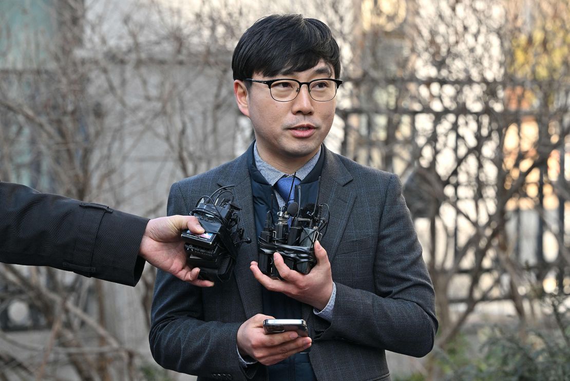 South Korean lawyer Lee Jong-chan, who represents Russian asylum seekers stranded at Incheon International Airport, outside the district court on February 14, 2023.