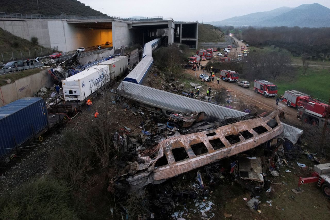 Rescue crews operate at the site of a train crash near Larissa, Greece, on Wednesday, March 1.