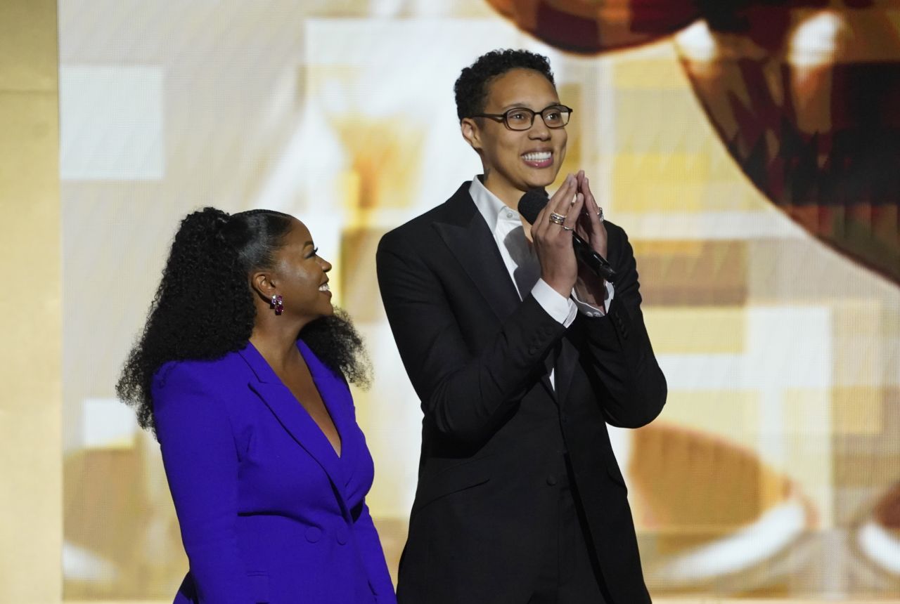 WNBA star Brittney Griner, right, and her wife Cherelle make a surprise appearance at the NAACP Image Awards in Pasedena, California, on Saturday, February 25. Griner, who was detained in Russia for several months last year, received an emotional standing ovation as she took the stage.