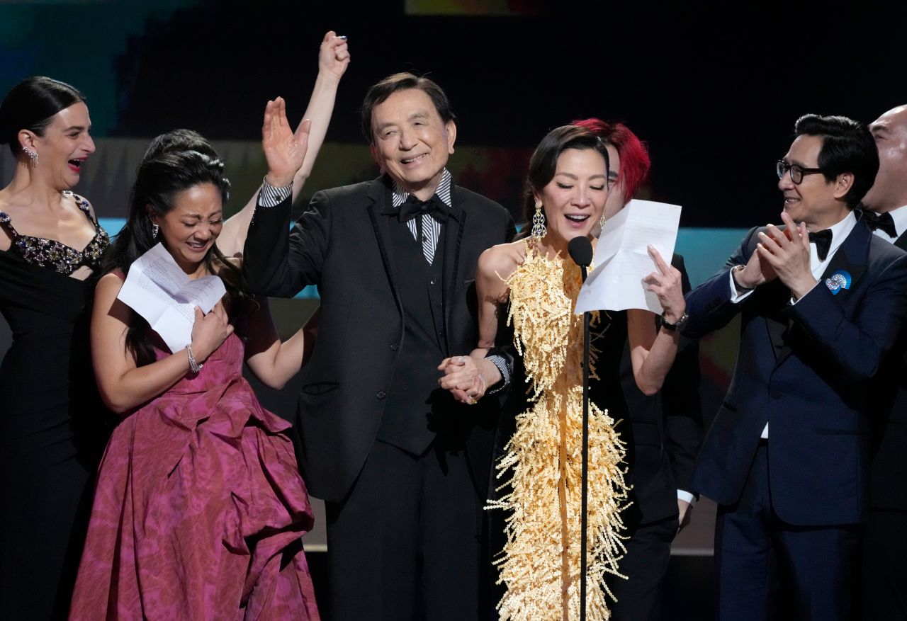 From left, "Everything Everywhere All at Once" actors Jenny Slate, Stephanie Hsu, James Hong, Michelle Yeoh and Ke Huy Quan accept the Screen Actors Guild award for outstanding performance by a cast in a motion picture in Los Angeles on Sunday, February 26. <a href="https://www.cnn.com/2023/02/26/entertainment/gallery/sag-awards-2023/index.html" target="_blank">See more photos from the 2023 SAG Awards</a>.