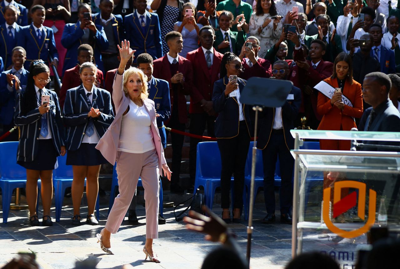 US first lady Jill Biden waves to students during her visit to the Namibia University of Science and Technology in Windhoek, Namibia, on Friday, February 24. She traveled to Namibia and Kenya, her first visit to Africa since becoming first lady.