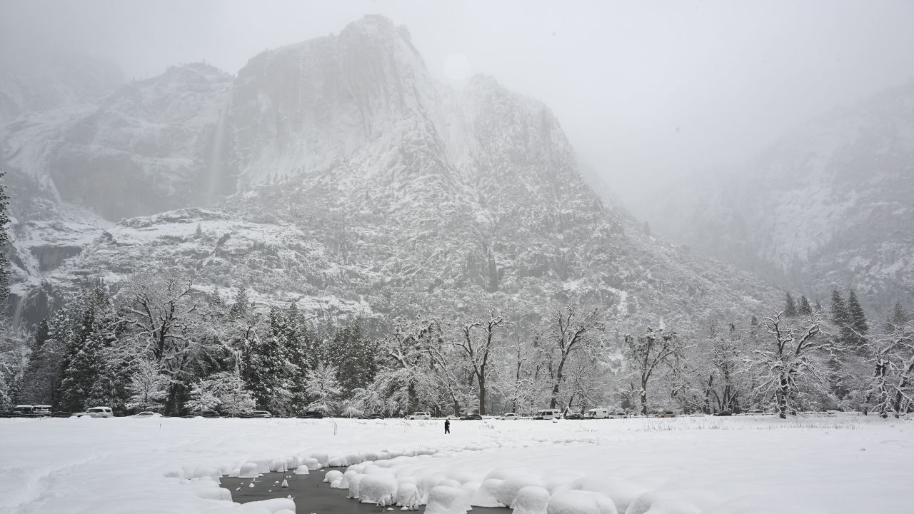 Snow blankets Yosemite National Park on February 23, 2023. The park is closed entirely until further notice.