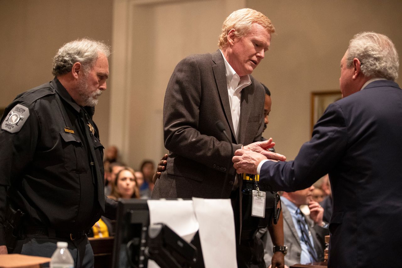 Alex Murdaugh is handcuffed in the courtroom after receiving a guilty verdict in his double murder trial in Walterboro, South Carolina, on Thursday, March 2. Murdaugh was found guilty of killing his wife and son in June 2021.