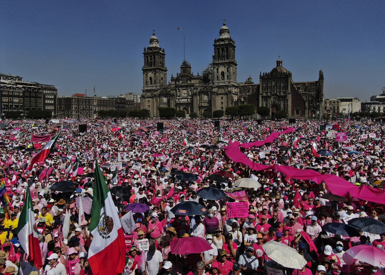 Anti-government demonstrators protest against recent reforms to the country's electoral law pushed by President Andres Manuel Lopez Obrador in Mexico City on Sunday, February 26.