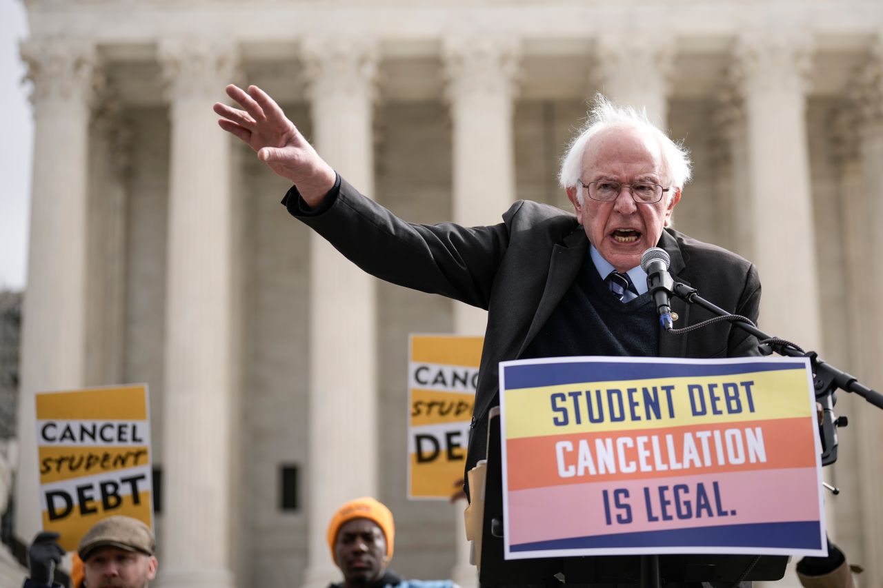 US Sen. Bernie Sanders of Vermont speaks in front of the Supreme Court during a rally in support of the Biden administration's student debt relief plan on Tuesday, February 28. The Supreme Court <a href="https://www.cnn.com/2023/02/28/politics/student-loan-forgiveness-supreme-court-arguments-takeaways/index.html" target="_blank">heard oral arguments</a> in two cases challenging President Joe Biden's student loan debt forgiveness program, which remains on hold after a lower court blocked the plan in November.
