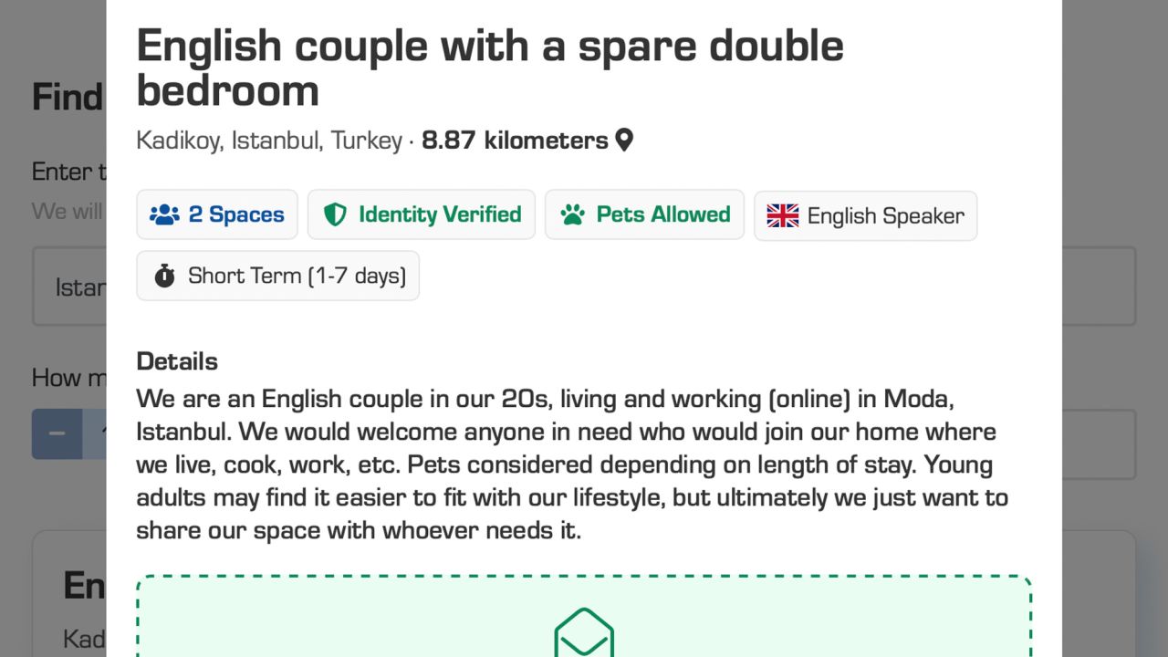 An example of a host in Istanbul who posted a listing on TakeShelter offering their home to displaced survivors.