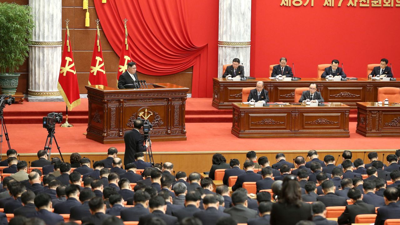 North Korean leader Kim Jong Un addresses the Workers' Party of Korea in Pyongyang, North Korea, on February 26, 2023.
