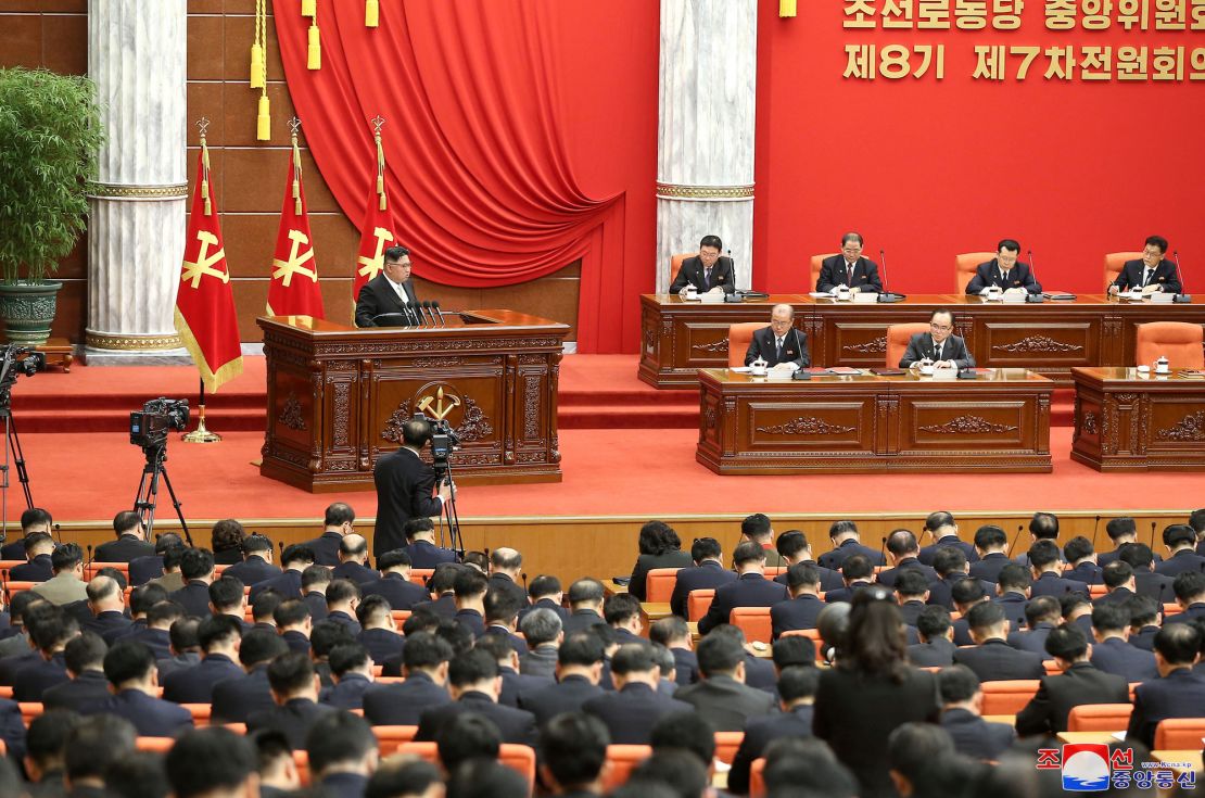 North Korean leader Kim Jong Un addresses the Workers' Party of Korea in Pyongyang, North Korea, on February 26, 2023.