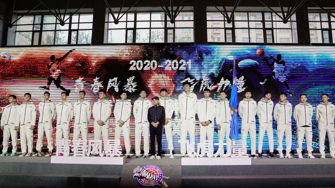 URUMQI, CHINA - SEPTEMBER 26: Players of Xinjiang Guanghui Flying Tigers line up during a press conference for 2020/2021 Chinese Basketball Association (CBA) League on September 26, 2020 in Urumqi, Xinjiang Uygur Autonomous Region of China. (Photo by VCG/VCG via Getty Images)