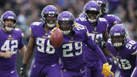 Minnesota Vikings cornerback Kris Boyd (29) reacts after making a turnover during an NFL match between Minnesota Vikings and New Orleans Saints at the Tottenham Hotspur stadium in London, Sunday, Oct. 2, 2022. (AP Photo/Frank Augstein)