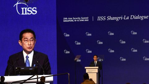 Japan`s Prime Minister Fumio Kishida delivers a keynote address at the Shangri-La Dialogue summit in Singapore on June 10, 2022.
