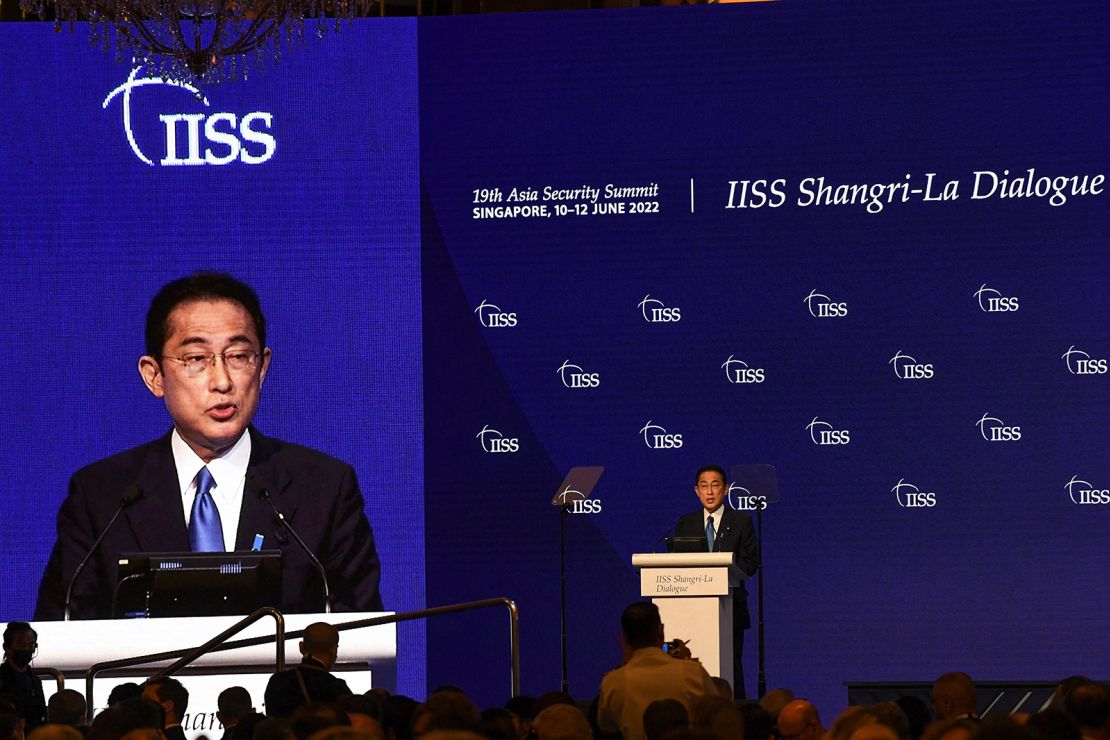 Japan`s Prime Minister Fumio Kishida delivers a keynote address at the Shangri-La Dialogue summit in Singapore on June 10, 2022. 