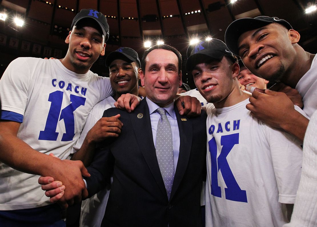 Krzyzewski celebrates with the team after his 1,000th career win on January 25, 2015.
