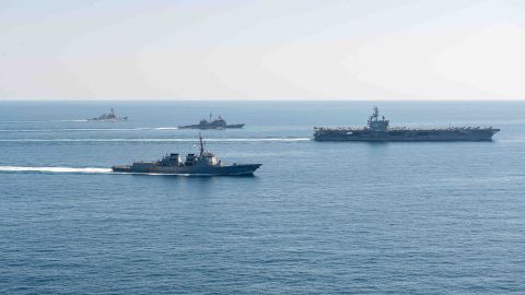 In this handout image provided by the South Korean Defense Ministry, the US aircraft carrier USS Ronald Reagan and South Korean warships seen during a US-South Korea combined naval exercise on September 29.