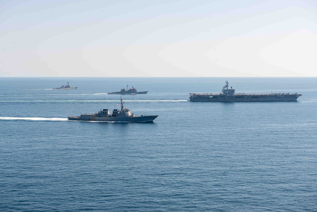 In this handout image provided by the South Korean Defense Ministry, the US aircraft carrier USS Ronald Reagan and South Korean warships seen during a US-South Korea combined naval exercise on September 29.