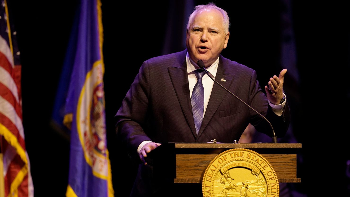 Minnesota Gov. Tim Walz delivers a speech after being sworn in for his second term during his inauguration on Monday, January 2, 2023, in St. Paul.