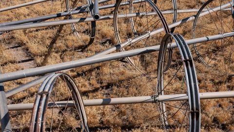 Dry and inactive irrigation pipes are stored in a fallowed field in the North Unit Irrigation District near Madras, Oregon, in August 2021.