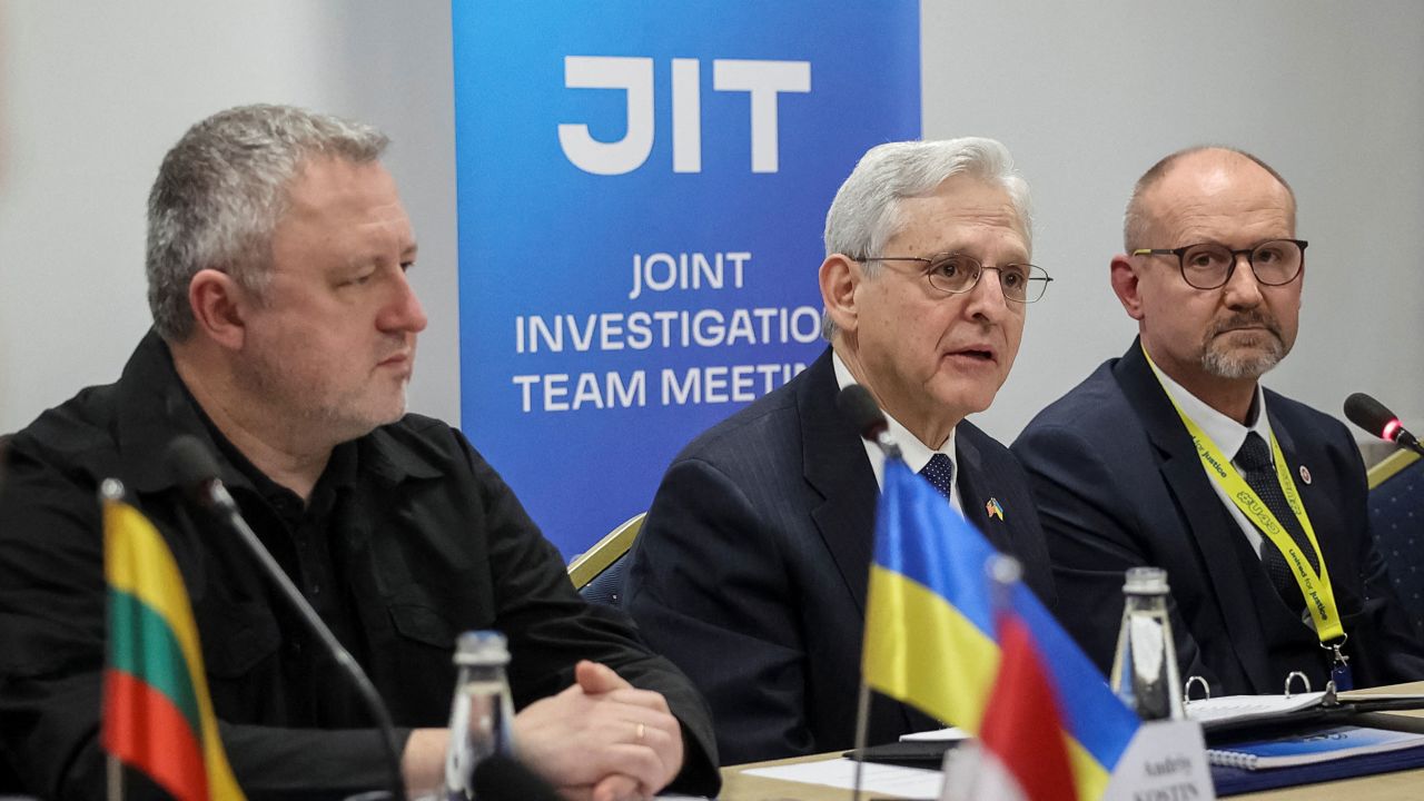 Ukrainian Prosecutor General Andriy Kostin (L), USA Attorney General Merrick B Garland (C), National Prosecutor of Poland Dariusz Barski and a group of international prosecutors meet to discuss allegations of war crimes committed in Ukraine, as Russia's attack on Ukraine continues, in Lviv, Ukraine March 3, 2023. 