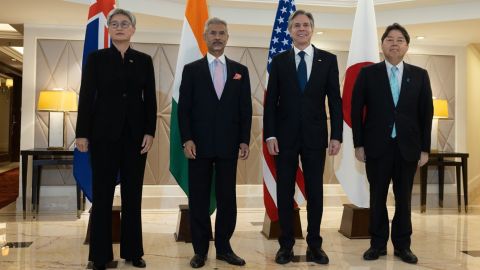 The foreign ministers of the United States, India, Japan and Australia meeting on the sidelines of the G20 summit on March 3, 2023 in New Delhi.