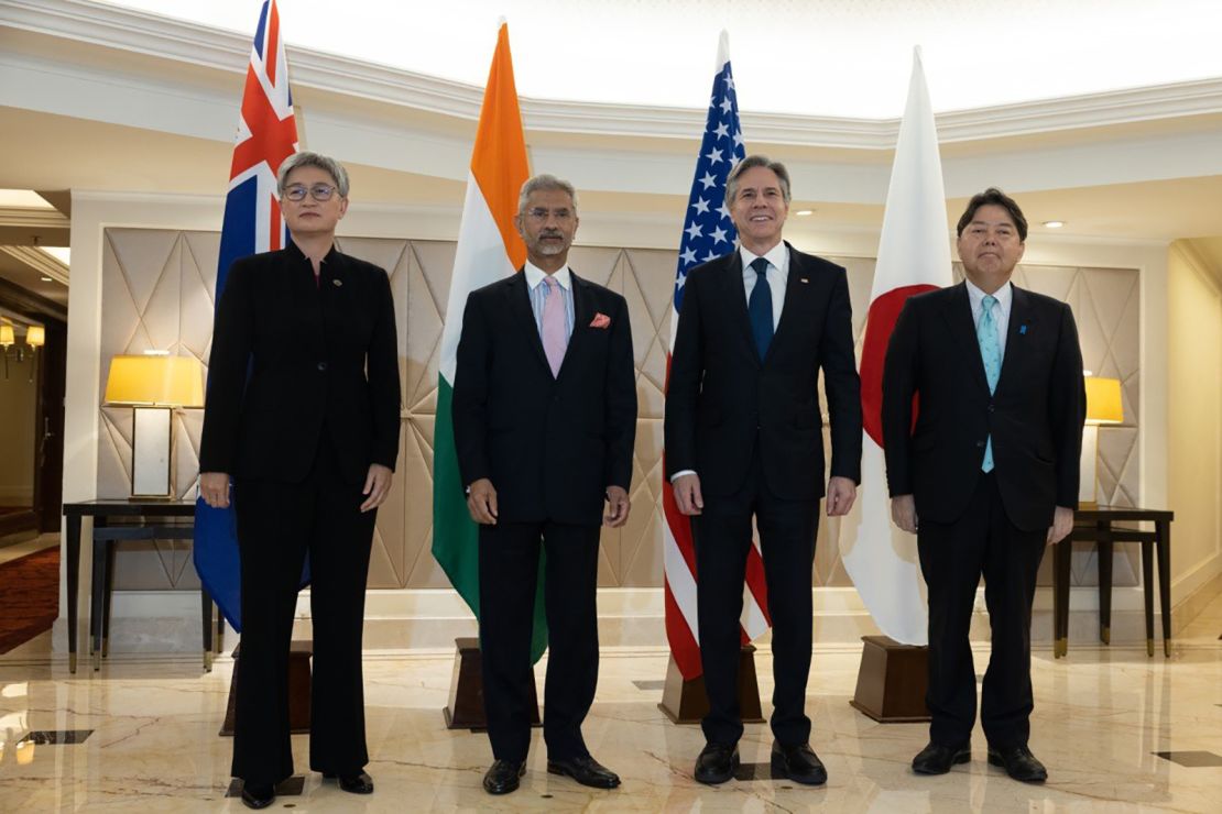 The foreign ministers of the United States, India, Japan and Australia meeting on the sidelines of the G20 summit on March 3, 2023 in New Delhi.