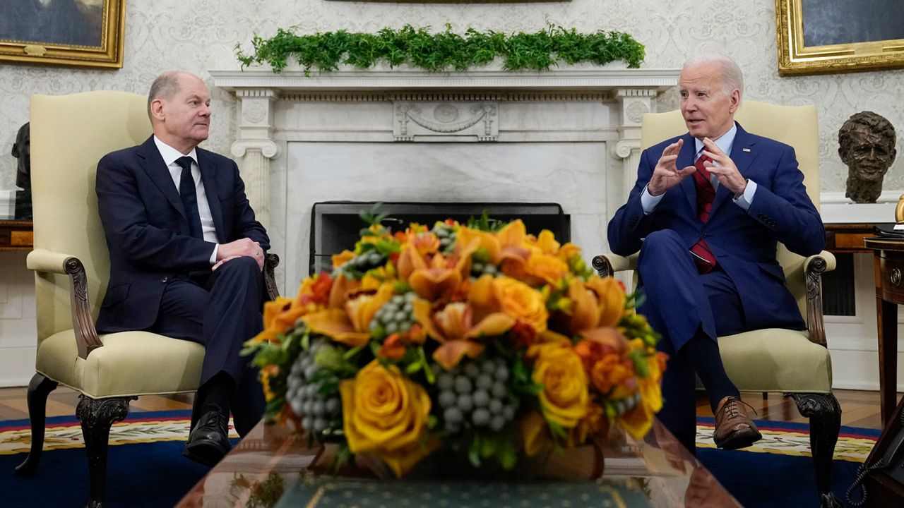 President Joe Biden speaks as he meets with German Chancellor Olaf Scholz in the Oval Office of the White House in Washington, Friday, March 3, 2023. 