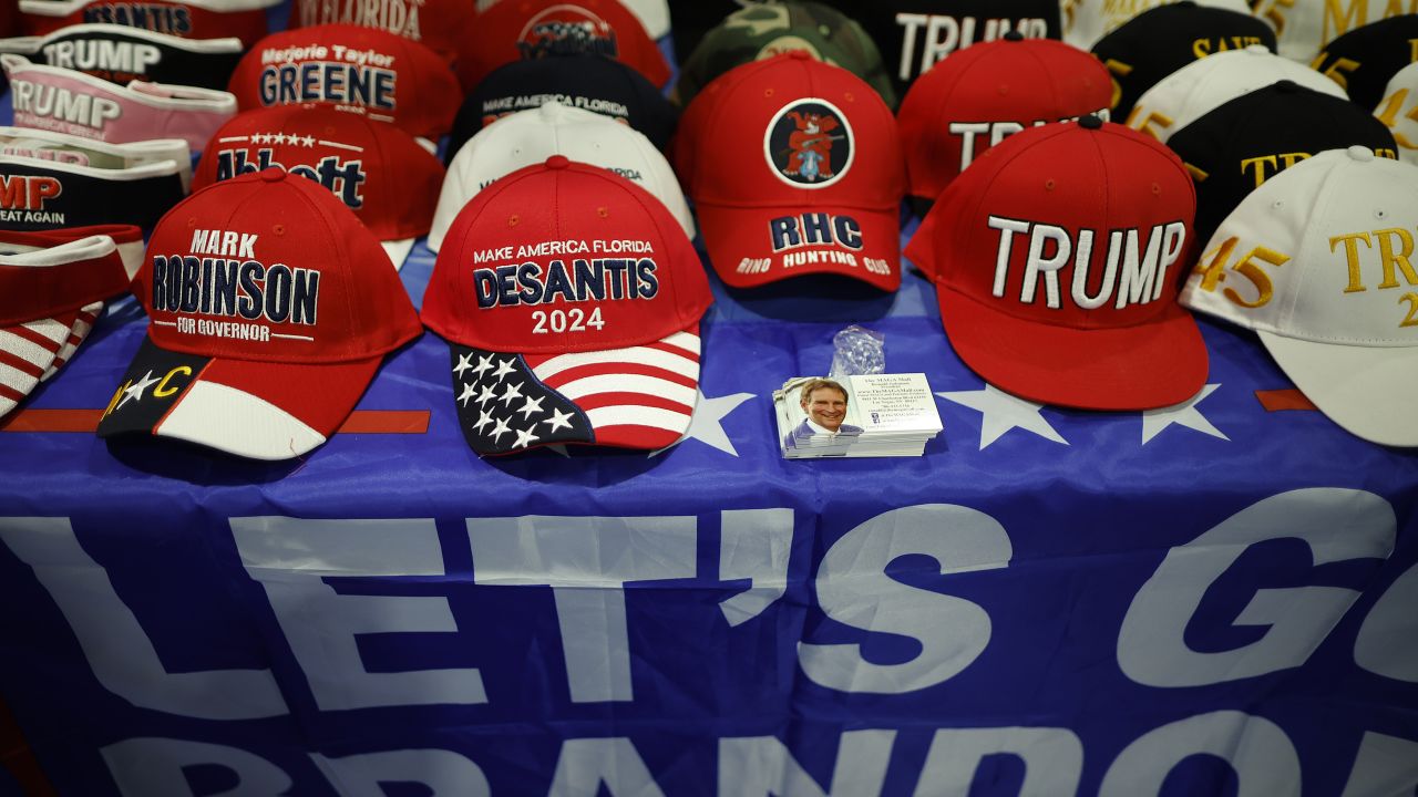 Hats are for sale at The MAGA Mall booth in the expo hall of the Conservative Political Action Conference on March 02, 2023 in National Harbor, Maryland. 
