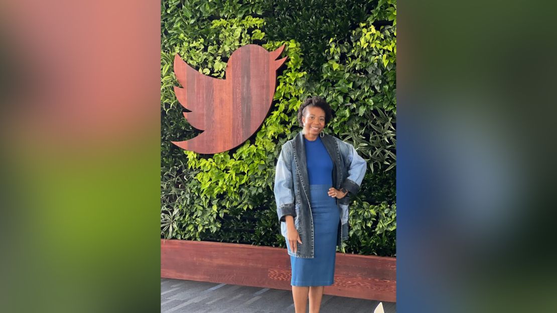 Bim Ali, seen here at Twitter's San Francisco headquarters in March 2022, had her official separation date from Twitter on January 4, a week before her first child was born. "I'm not being financially supported like I had planned," she said.