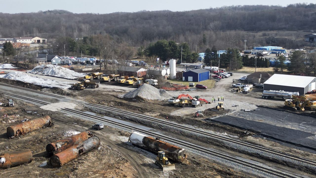 View of East Palestine weeks after a Norfolk Southern train derailment released various toxic chemicals resulting in effecting air and ground quality weeks ago. A town hall meeting spearheaded by East Palestine Justice, lawyer Mikal Watts and, lending her support, Erin Brockovich is slated to happen today, March 2, 2023 in East Palestine, Ohio. 