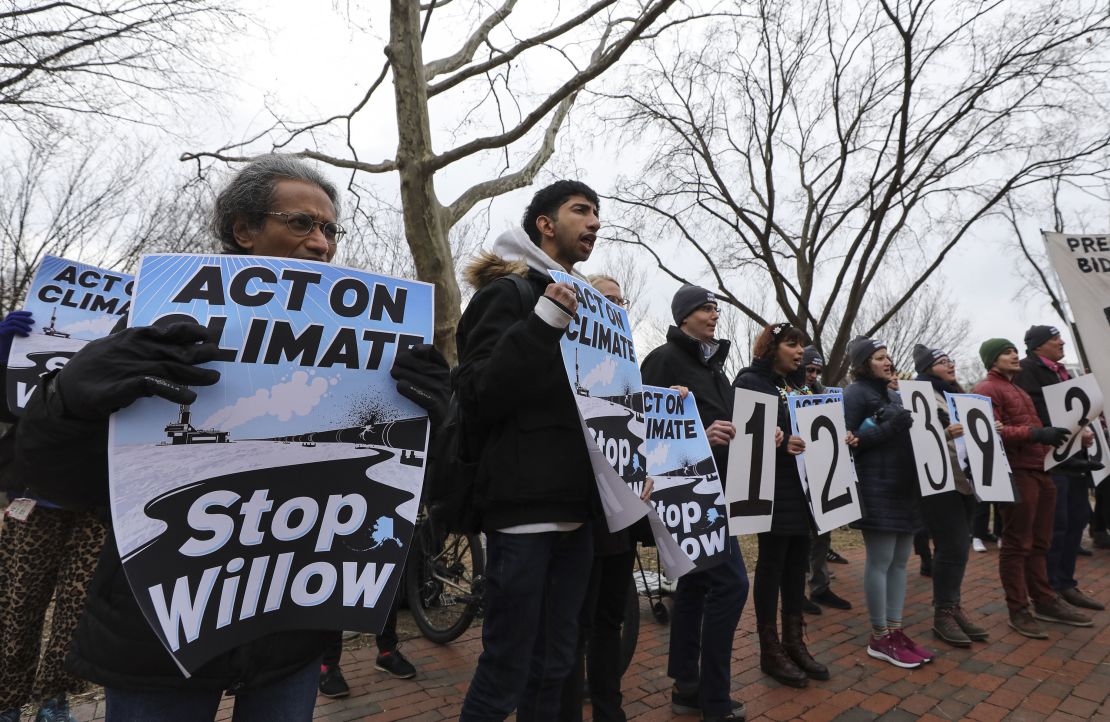 Climate advocates gather to protest the Willow Project in Lafayette Square in front of the White House on January 10.