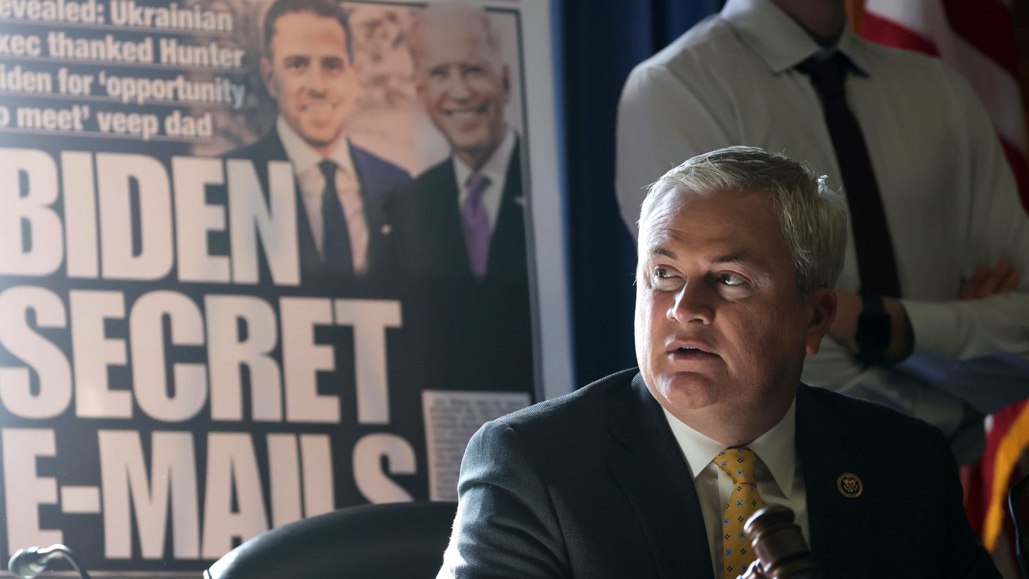 With a poster of a New York Post front page story about Hunter Biden's emails on display, Committee Chairman Rep. James Comer, R-Kentucky, announces a recess because of a power outage during a hearing before the House Oversight and Accountability Committee at Rayburn House Office Building on Capitol Hill on February 8, 2023, in Washington. The committee held a hearing on "Protecting Speech from Government Interference and Social Media Bias, Part 1: Twitter's Role in Suppressing the Biden Laptop Story." 