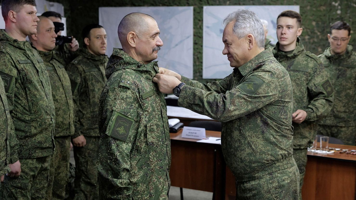 Russia's Defence Minister Sergei Shoigu awards service members during what the defence ministry said to be an inspection of a forward command post of Russian armed forces deployed in Ukraine, at an unknown location in the course of Russia-Ukraine conflict, in this handout image published March 4, 2023.