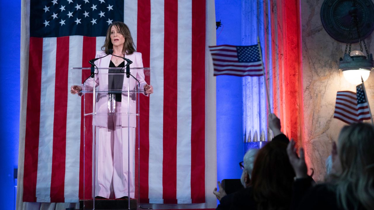 Marianne Williamson speaks to the crowd as she launches her 2024 presidential campaign in Washington, Saturday, March 4, 2023.