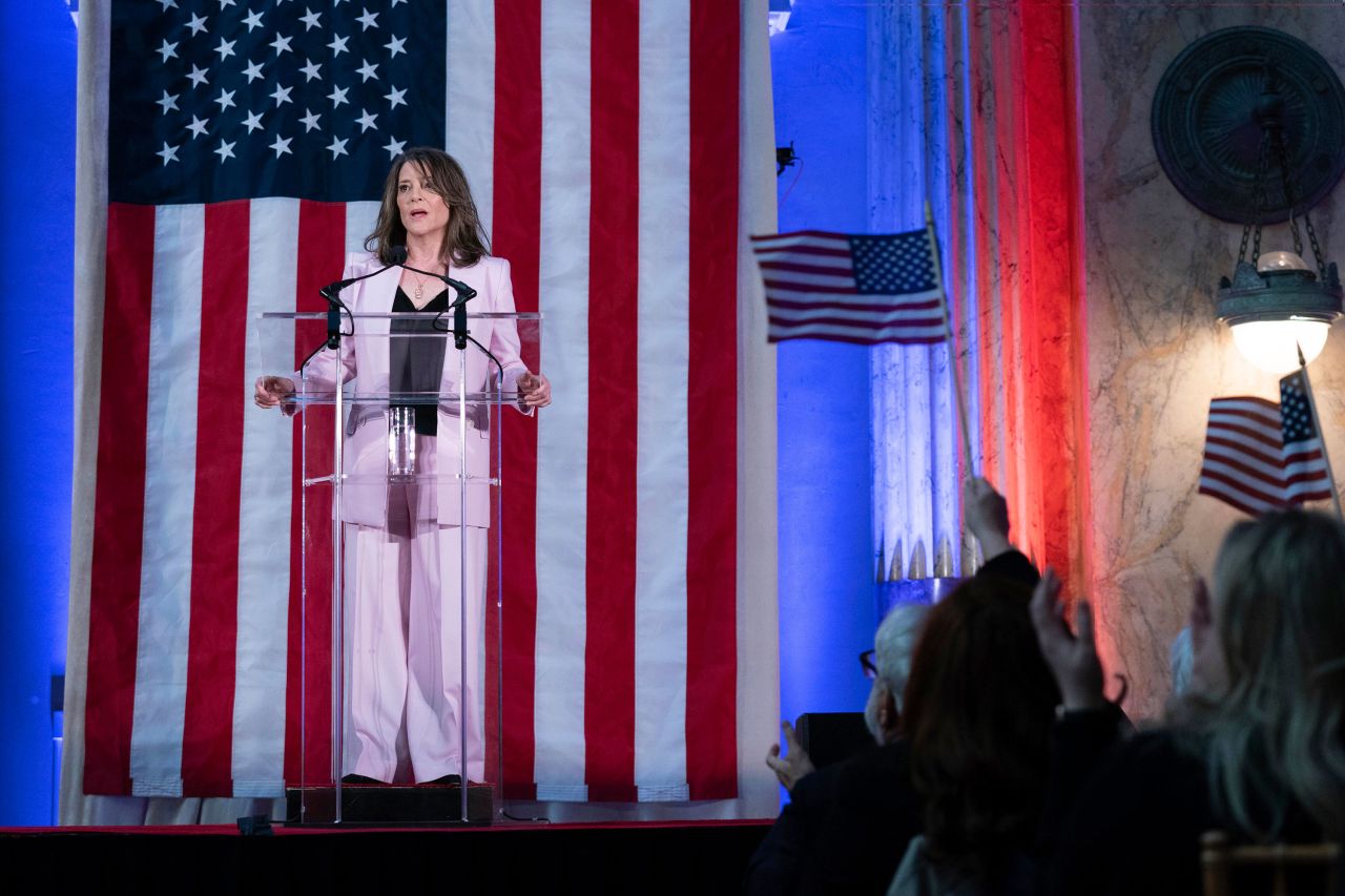 Williamson announces her bid for the 2024 Democratic presidential nomination in Washington, DC, on March 4, 2023.