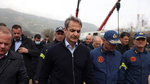 Greek Prime Minister Kyriakos Mitsotakis visits the site of a crash, where two trains collided.