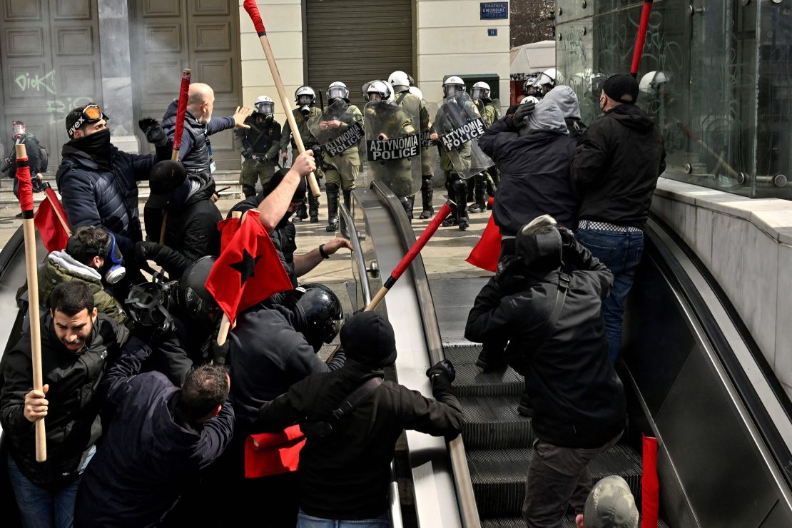 There were violent clashes at the protests in Athens on Sunday