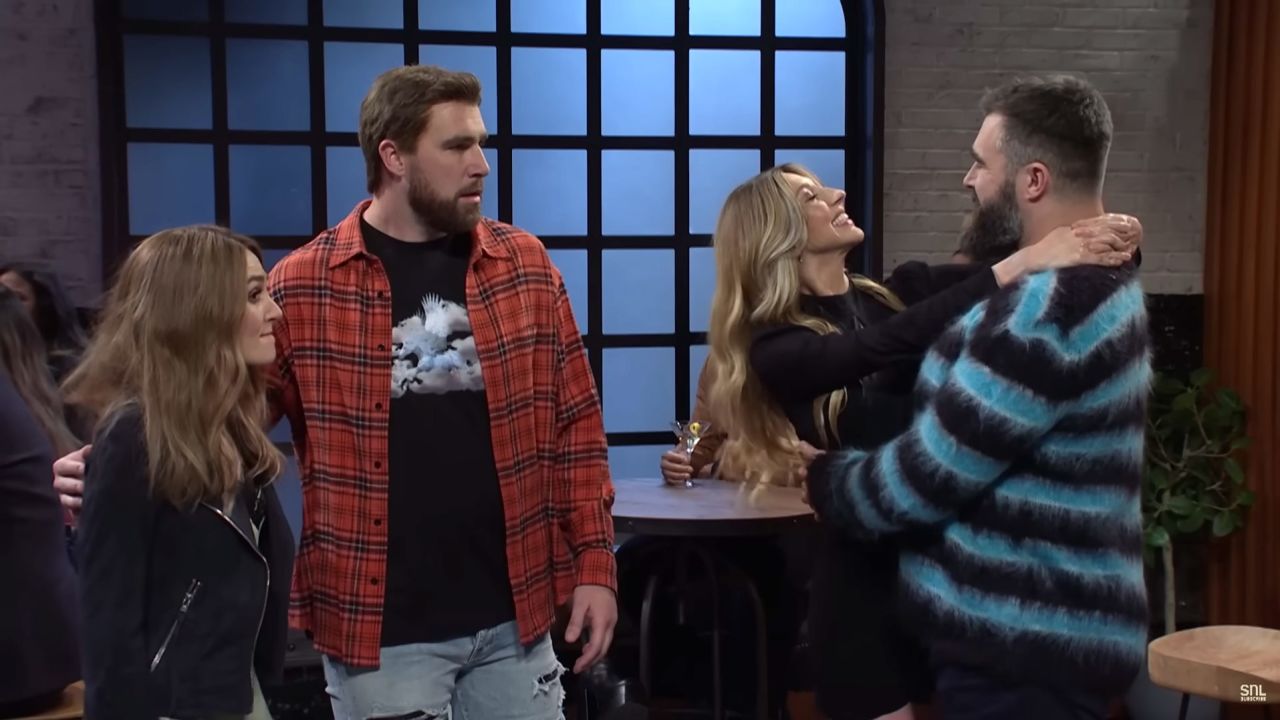 (From left) Chloe Fineman, Travis Kelce, Heidi Gardner and Jason Kelce on 'Saturday Night Live' on March 4. 