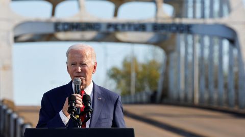 President Joe Biden speaks near the Edmund Pettus Bridge in Selma, Alabama, on March 5, 2023, to commemorate the 58th anniversary of the 