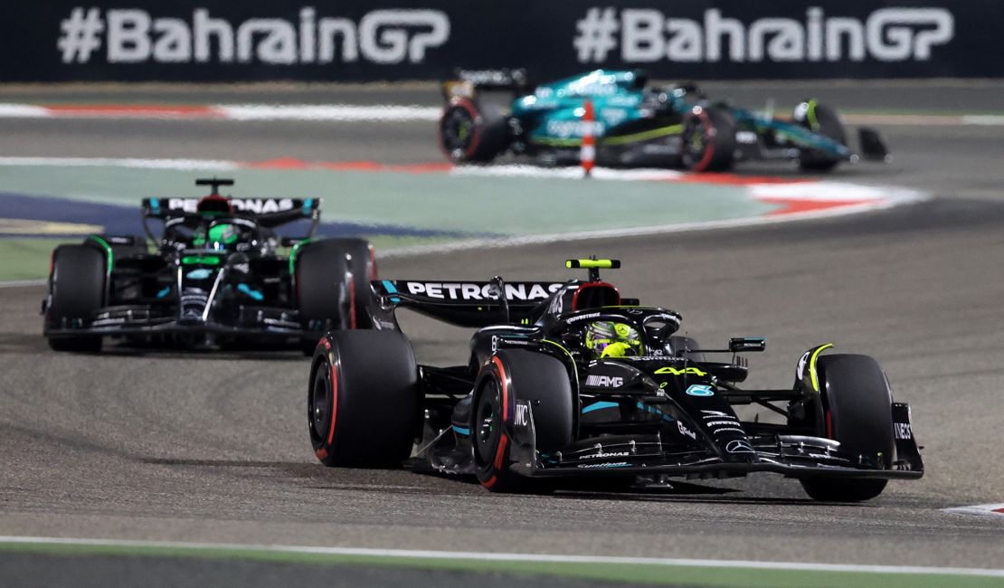 Hamilton and Russell in action during the Bahrain Grand Prix.