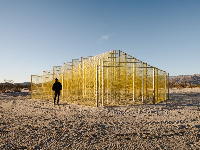 The British-Bangladeshi artist Rana Begum's installation is built from chain-link fences, an object she saw across landscapes from Los Angeles to Palm Springs in California. "I loved how this material appeared and disappeared during the journey depending on the direction of light," she told CNN.