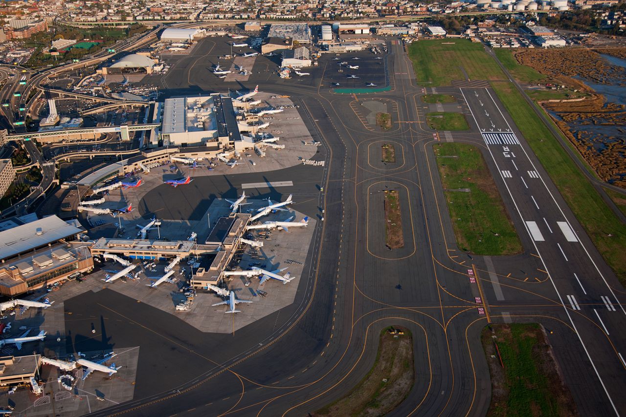 This file photo gives an aerial view of Boston Logan International Airport.