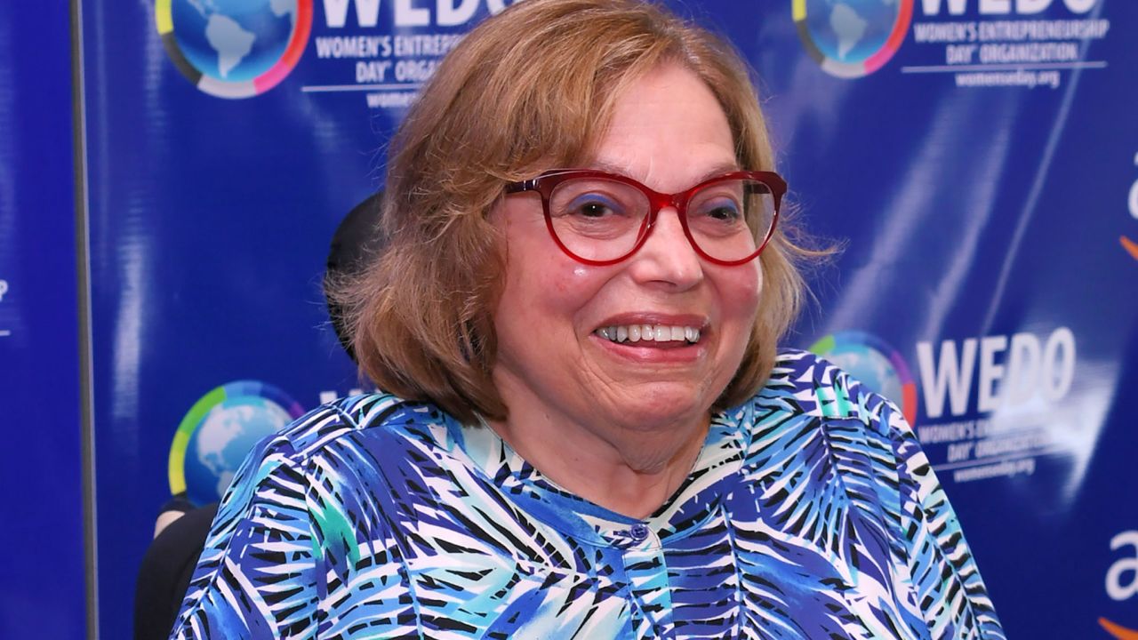 Judy Heumann attends a UN summit on women entrepreneurs in 2022. The activist died Saturday at 75.