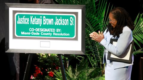Justice Ketanji Brown Jackson looks on at a street sign named after her during a street renaming ceremony in Miami-Dade County on March 06, 2023 in Cutler Bay, Florida. 