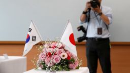 National flags of South Korea and Japan are displayed during a meeting between Komeito Party members and South Korean lawmakers at Komeito Party's headquarters in Tokyo, Japan, July 31, 2019.  