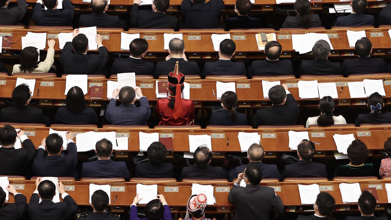BEIJING, CHINA - MARCH 05: Delegates gather during the opening of the first session of the 14th National People's Congress at The Great Hall of People on March 5, 2023 in Beijing, China.China's annual political gathering known as the Two Sessions will convene leaders and lawmakers to set the government's agenda for domestic economic and social development for the year. (Photo by Lintao Zhang/Getty Images)