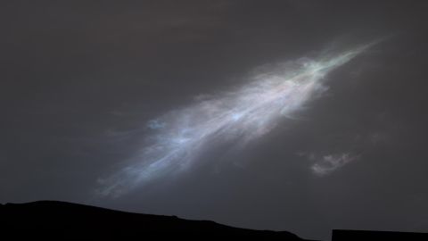 The Curiosity rover captured this feather-shaped iridescent cloud just after sunset on January 27.