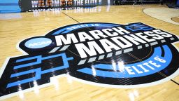 PHILADELPHIA, PA - MARCH 27: A general view of the logo at center court before game between St. Peter's Peacocks and North Carolina Tar Heels during the Elite Eight round of the 2022 NCAA Mens Basketball Tournament held at Wells Fargo Center on March 27, 2022 in Philadelphia, Pennsylvania.