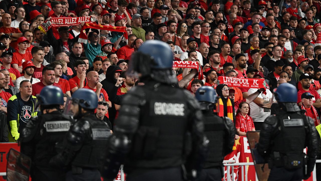 Police patrol inside the Stade de France during the 2022 Champions League Final.
