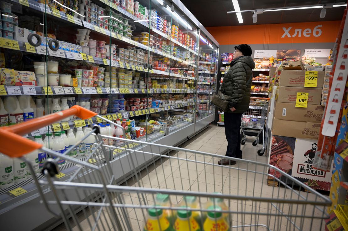 A woman shops at a supermarket in Moscow on January 30, 2023.